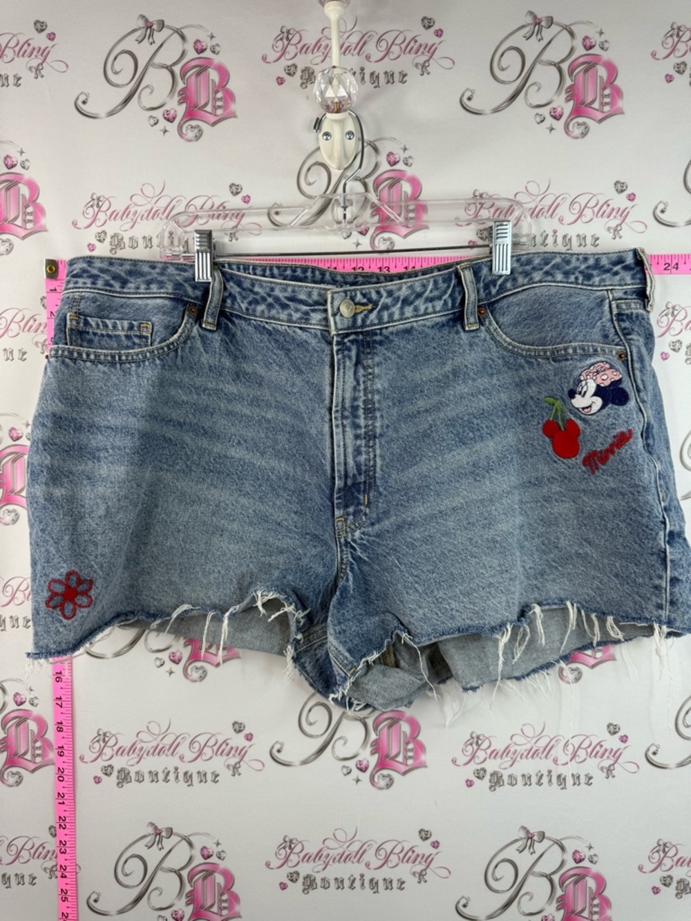 Disney shorts Jean Light Blue Distressed Denim Shorts with Minnie Embroidery